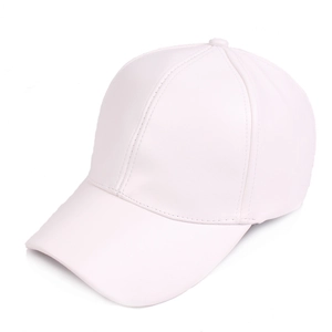 Detailed top view of light pink PU leather baseball cap with stitched six-panel design