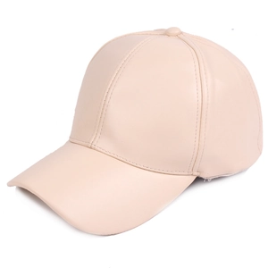 Detailed view of beige PU leather baseball cap showing fine texture and curved brim
