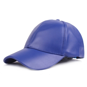 Detail view of blue faux leather baseball cap showing texture and stitch seams