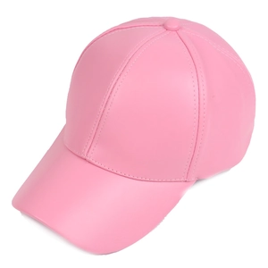 Detail view of pink PU leather baseball cap featuring six-panel crown and curved brim
