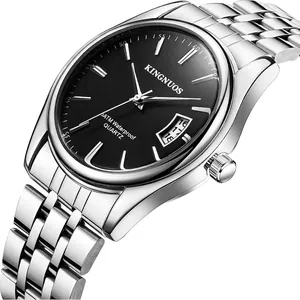 Men's silver stainless steel quartz watch with black dial and date display window