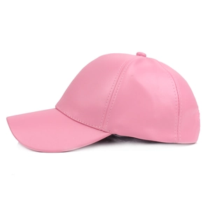 Detailed side view of pink PU leather baseball cap showing fine stitching and texture
