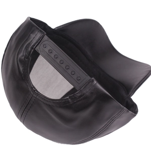 Black PU leather baseball cap featuring adjustable snapback closure and premium stitching