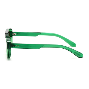 Detail view of transparent emerald green square frame sunglasses with non-slip temple tips