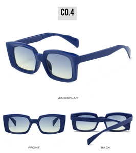 Three-way view of deep blue square sunglasses with blue-yellow gradient lenses and thick frame