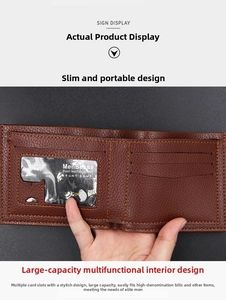 Detail view of brown bifold wallet with lychee grain texture and multiple card slots