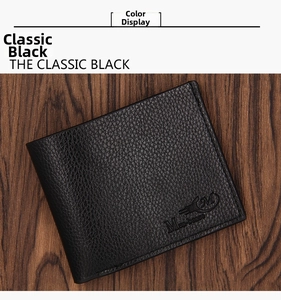 Close-up of black lychee grain texture and stitching on men's short bifold wallet