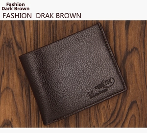 Detailed view of dark brown litchi texture PU leather wallet with brand logo