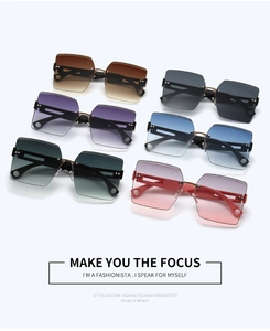 Detalle de gafas de sol cuadradas sin montura con lentes degradadas y puente metálico
