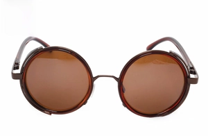 Detail view of steampunk round metal sunglasses with coffee frames and tea-tinted lenses