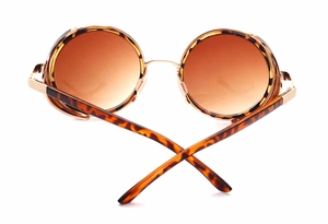 Detail view of steampunk sunglasses with tortoiseshell frames and side metal shields