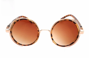 Detail of gold metal steampunk sunglasses with leopard print side shields and brown lenses