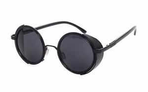 Detail view of retro steampunk sunglasses with black metal frame and leather side shields