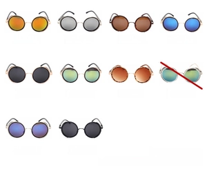 Collection of steampunk round sunglasses in gold, silver, and black frames with colorful lenses