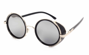 Close-up of steampunk round sunglasses featuring silver metal frames and leather side shields