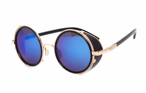 Steampunk round sunglasses with blue mirrored lenses and black leather side shields