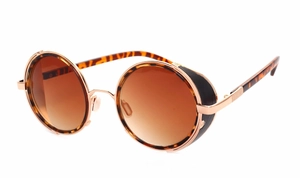 Steampunk round sunglasses with tortoiseshell frames and side leather shields details