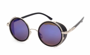 Detail of steampunk round sunglasses with side shields and blue polarized lenses