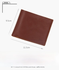 Detailed view of brown men's PU leather wallet showing litchi grain and 11.5x9.5cm size