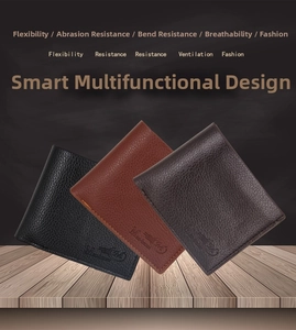 Close-up of three men's lychee grain PU leather wallets in black, light brown, and dark coffee