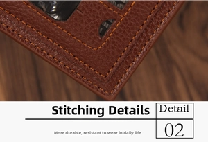 Macro view of brown lychee-grain PU leather wallet with yellow contrast stitching detail