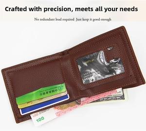 Detail view of men's bifold wallet interior featuring card slots and ID window