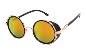 Detail view of steampunk sunglasses with gold metal frame and orange mirrored lenses