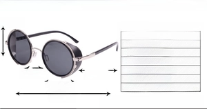 Detailed size guide for punk steam sunglasses with lens height and frame width specifications