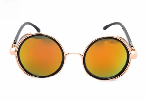 Detailed side view of steampunk round sunglasses with gold metal frame and red mirror lenses