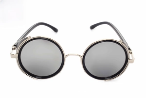 Detail of silver steampunk round sunglasses with reflective gray lenses and side shields