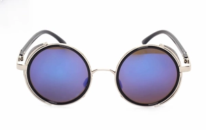 Steampunk round sunglasses with silver metal frame and blue reflective lenses and side shields