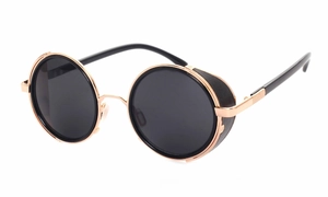 Macro detail of steampunk sunglasses with gold metal frame and black side shields