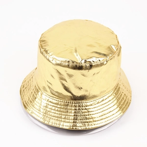 Top view of shiny gold metallic coating bucket hat with reflective texture and foldable brim