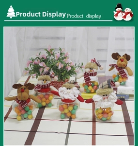 Christmas candy jar set with plush Santa, Snowman and Reindeer on clear star and round containers