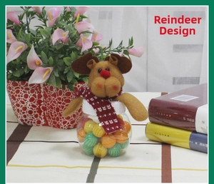Detailed view of Christmas candy jar with transparent base and plush reindeer mascot topper