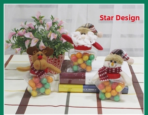 Three-piece star-shaped Christmas candy jars with reindeer, Santa, and snowman plush lids