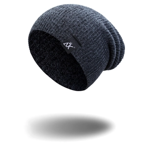 Detailed texture of dark grey ribbed knit beanie featuring a black logo label