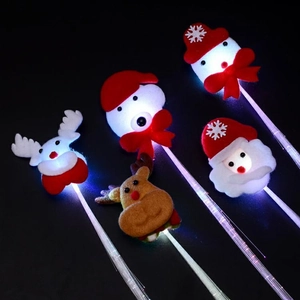 Close-up of LED fiber optic Christmas wands featuring Santa, snowman, and reindeer motifs