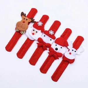 Detail view of five red felt Christmas slap bracelets with reindeer and Santa motifs