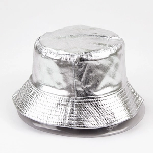 Detail of silver metallic bucket hat with reinforced stitching on brim and reflective finish