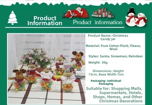 Detail of Christmas candy jar with plush Santa and snowman figures on plaid tablecloth