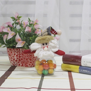 Christmas Santa Claus candy jar with small round container and plaid fabric plush doll hat