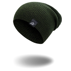 Outdoor striped knit beanie in dark green with woven logo label for autumn winter