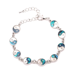 Silver Tai Chi Yin Yang bracelet with abalone shell pendants and adjustable chain