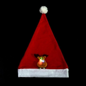 Detailed view of red plush Christmas hat with LED glowing reindeer figure and white pompom