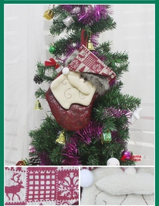 Detail of Christmas stocking fabric texture and soft sherpa lining with reindeer pattern