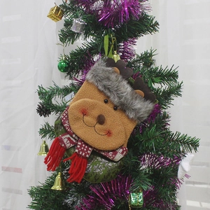 3D Reindeer Christmas stocking bag with plaid scarf hanging as a festive tree ornament
