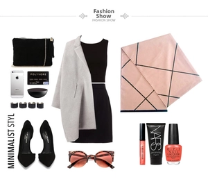 Flat lay of gray coat, plaid scarf, and accessories for a minimalist autumn outfit