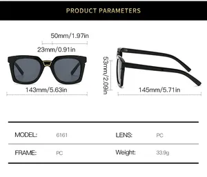 Detailed size chart for square sunglasses showing lens width and frame dimensions
