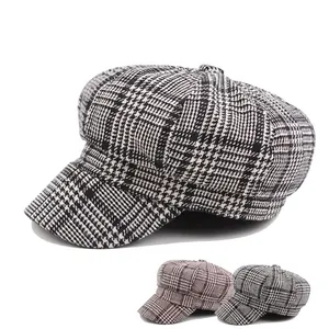 Houndstooth Newsboy Cap Women Winter Warm Octagonal Hat Retro British Style Cotton Polyester Painter Cap